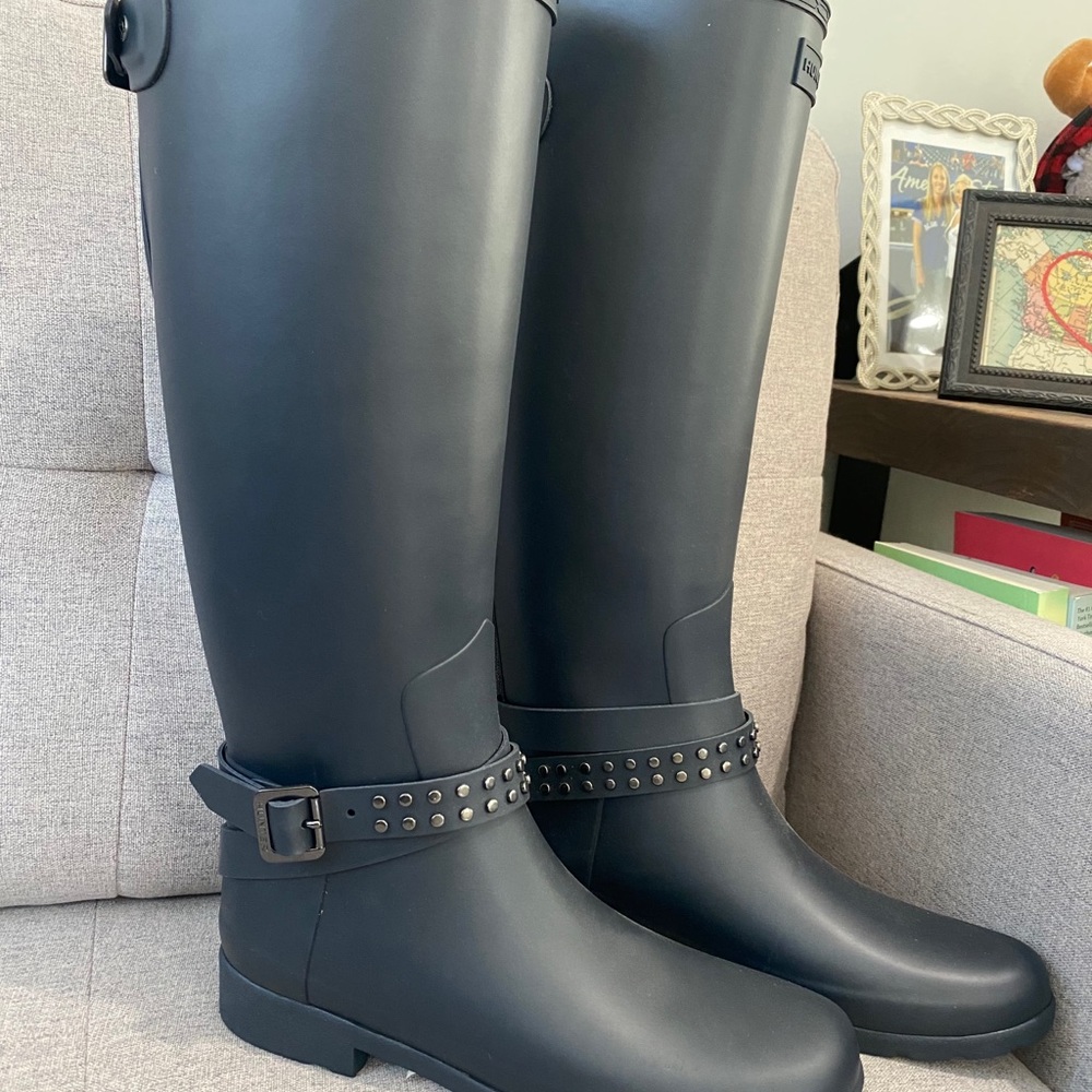 Navy Hunter Boots with Studded Buckle